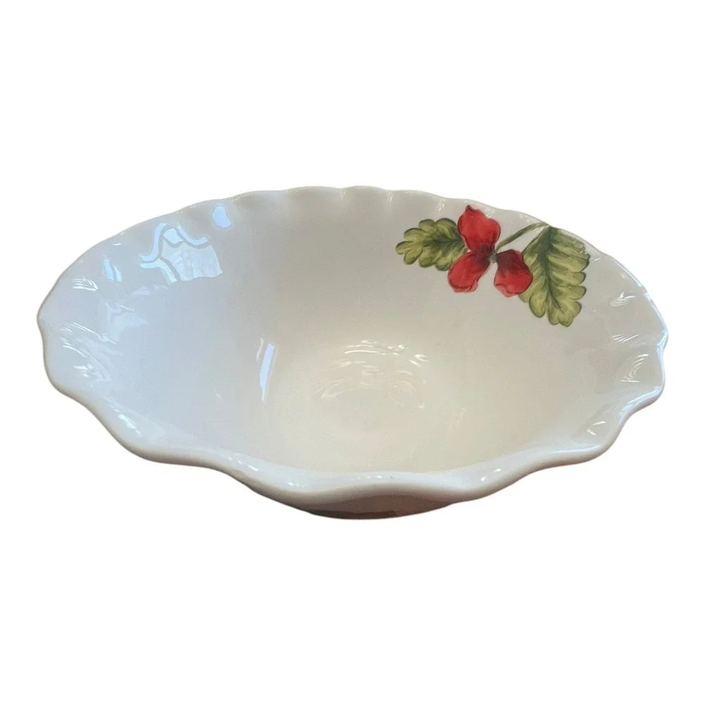 Maxcera‎ Cream Poppies Serving Bowl Large 10in White Red NWOT Floral Scalloped